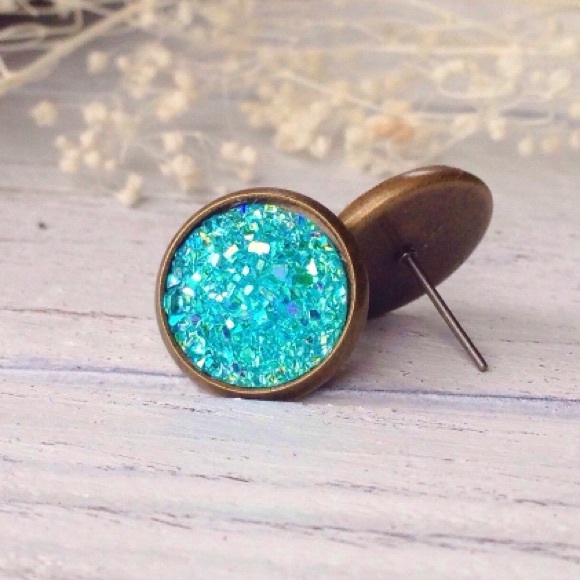 Faux aqua blue druzy earrings boho chic - Picture 3 of 4