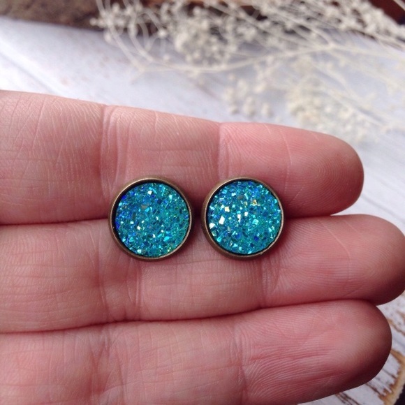 Faux aqua blue druzy earrings boho chic - Picture 2 of 4