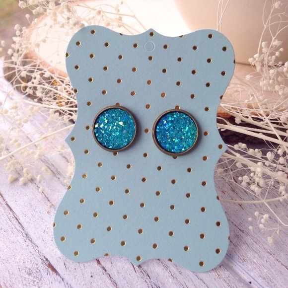 Faux aqua blue druzy earrings boho chic - Picture 4 of 4