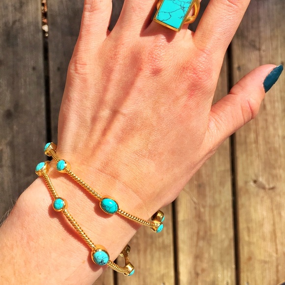 💥SOLD💥Julie Vos Gold and Turquoise Ribbed Bangle - Picture 3 of 3