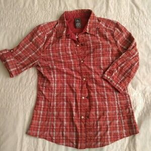 REI snap-front pink plaid field shirt S