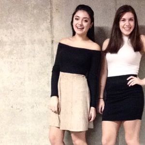 off the shoulder suede and ribbed dress