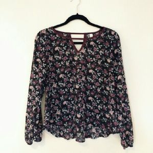 Purple Floral Blouse with V Neck and Back