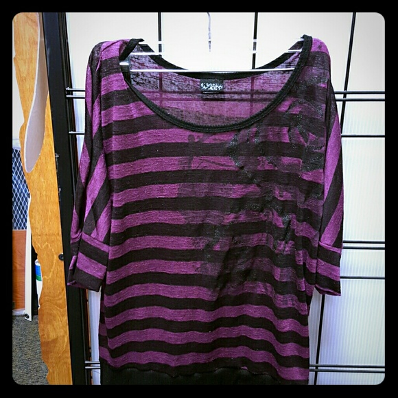 Purple and black striped 3/4 sleeve top