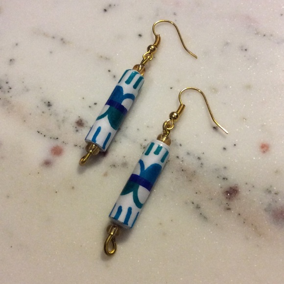 Blue & White Geometric Paper Bead Earrings - Picture 2 of 6