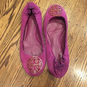 Tory Burch Reva purple suede ballet flats