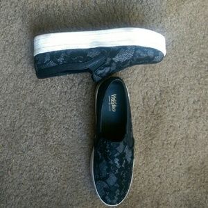 Black Lace Platform Slip On Sneakers