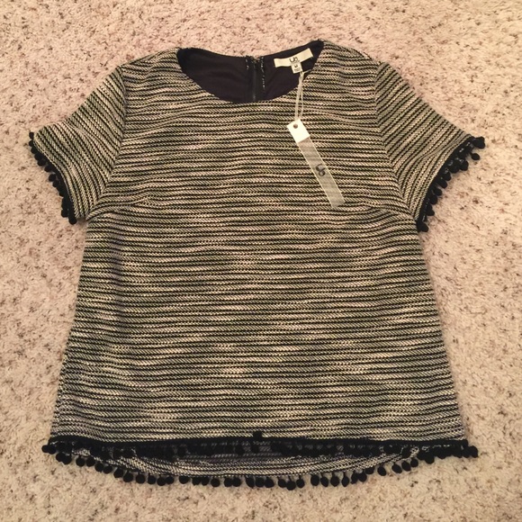 Black and cream Tweed shirt w PomPom Detail