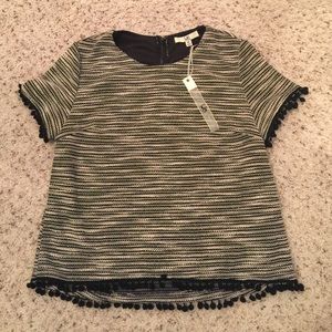 Black and cream Tweed shirt w PomPom Detail