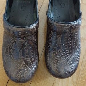 Dansko Tooled Brown Clogs