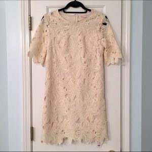 Ivory tunic dress with flower overlay
