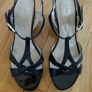 Black patent wedge sandals