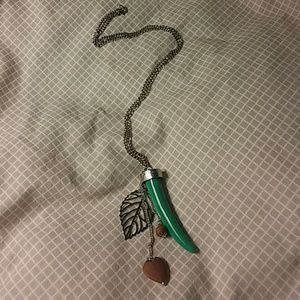 Silver and green horn shaped long necklace