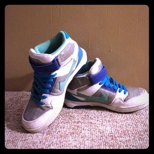 Blue and teal high top nike sneakers
