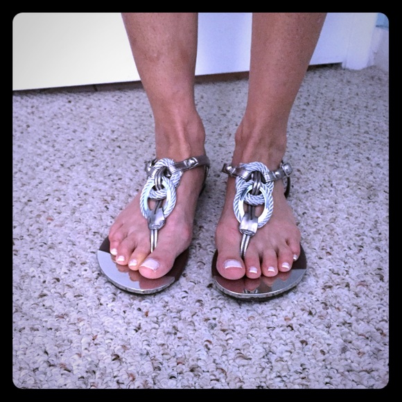 Silver T-Strap Embellished Sandals