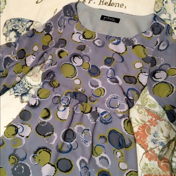 Gray/chartreuse green dress w/sheer bell sleeves - Picture 3 of 3