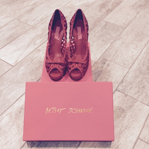 Red satin woven ribbon stilettos