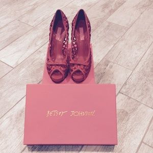 Red satin woven ribbon stilettos