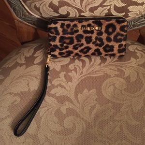 Michael Kors calf hair leopard print wristlet