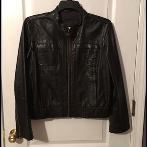 Brown leather collarless jacket