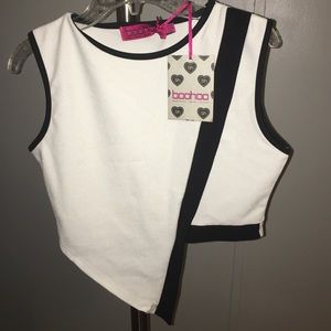 Petite Asymmetrical Black and White Crop Top