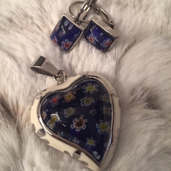 Murano glass heart pendant and earnings