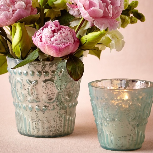 BHLDN Mint Blue Mercury vases and votives
