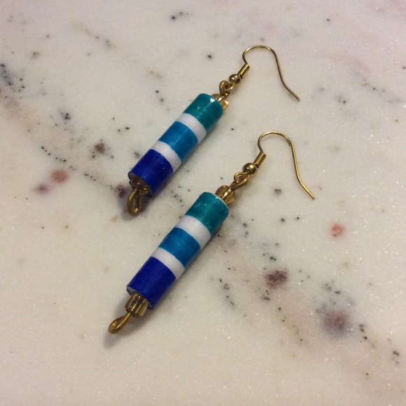 Blue & White Striped Paper Bead Earrings - Picture 2 of 6