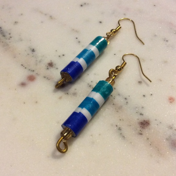 Blue & White Striped Paper Bead Earrings - Picture 3 of 6
