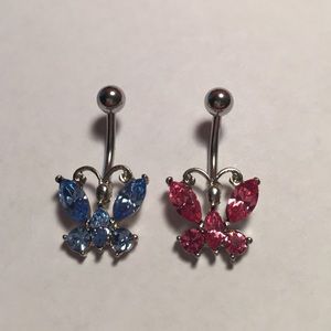 Set of two pink/blue butterfly belly button rings