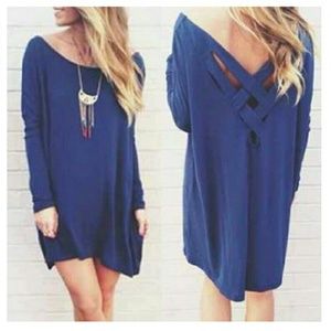 Royal blue long sleeve shirt dress w/ back detail