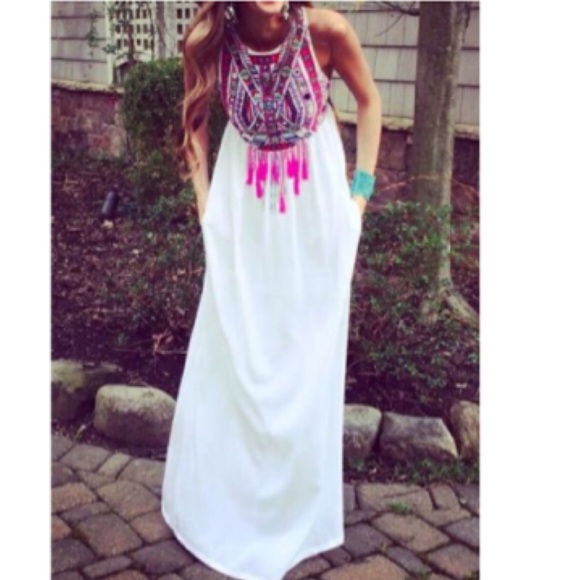 Boutique Dresses & Skirts - Fringe Sleeveless White Maxi Dress