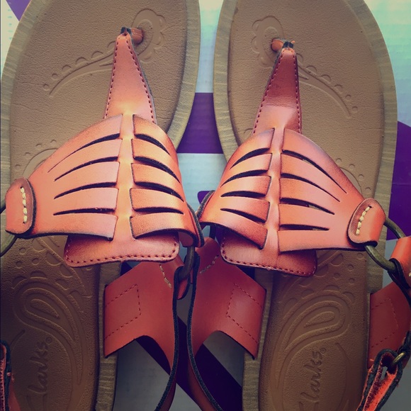 CLARKS red-orange leather wedge sandal