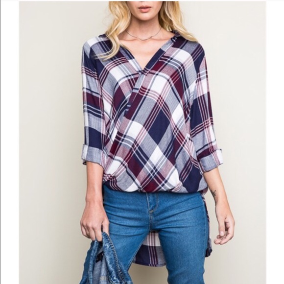🆕SUMMER LILY plaid scoop top - NAVY/PLUM - Picture 2 of 3