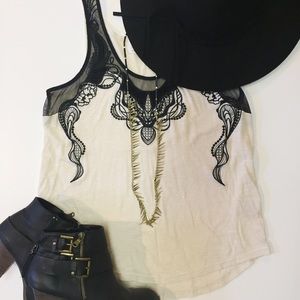 Pins + Needles ivory & black  embroidered tank
