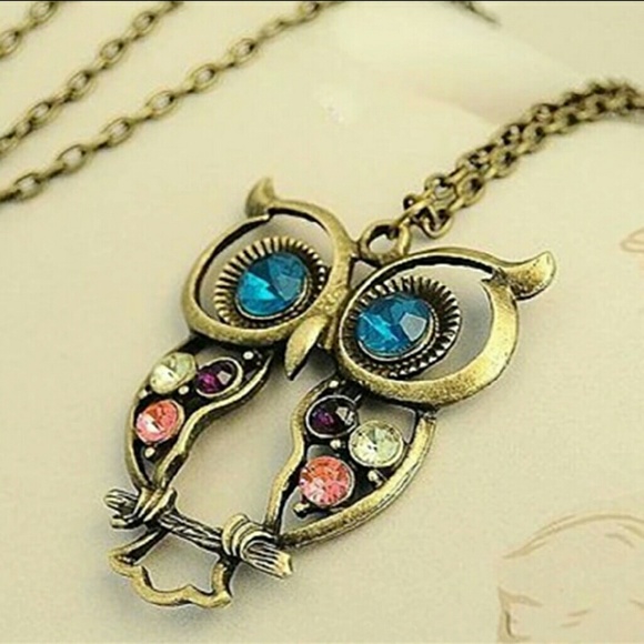 Colorful bronze rhinestone owl necklace