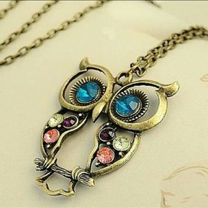 Colorful bronze rhinestone owl necklace