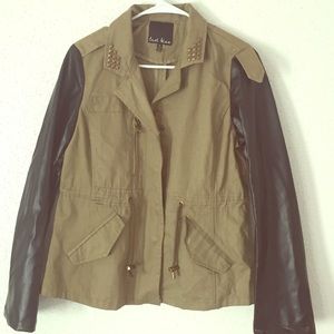 Olive Color Jacket with Leather Sleeves.