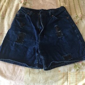 Destroyed dark denim shorts