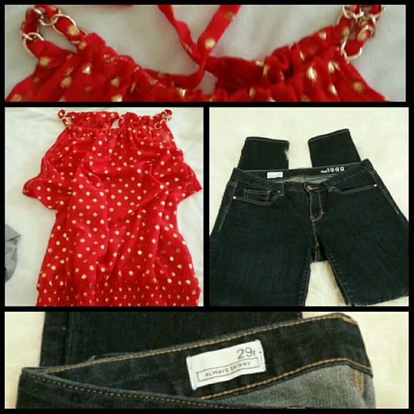 OUTFIT- GAP skinny jeans and red/gold blouse