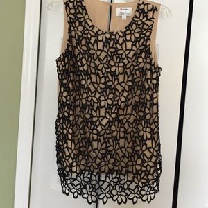 Tan silk tank with front black lace overlay