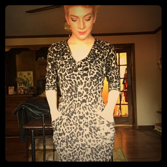 Cowl neck leopard print dress with pockets!