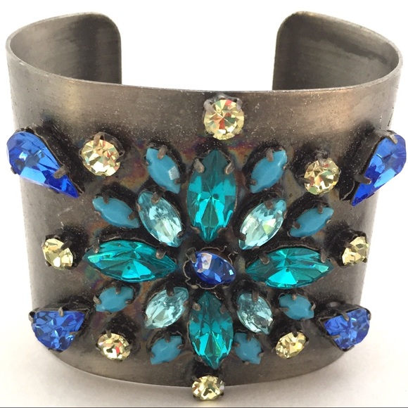 Blue Rhinestone & Yellow  Steel Cuff Bracelet