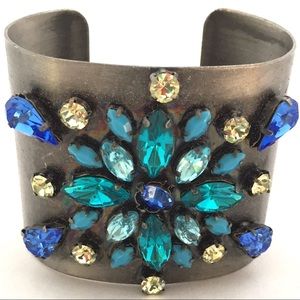Blue Rhinestone & Yellow  Steel Cuff Bracelet