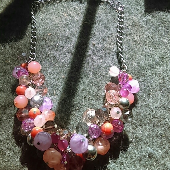 Multi colored chunky necklace, coral and teal neck