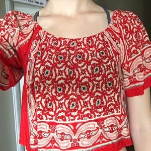 Red patterned off the shoulder crop top