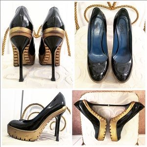 YSL "Trooper" Black and Gold Patent Leather Pump