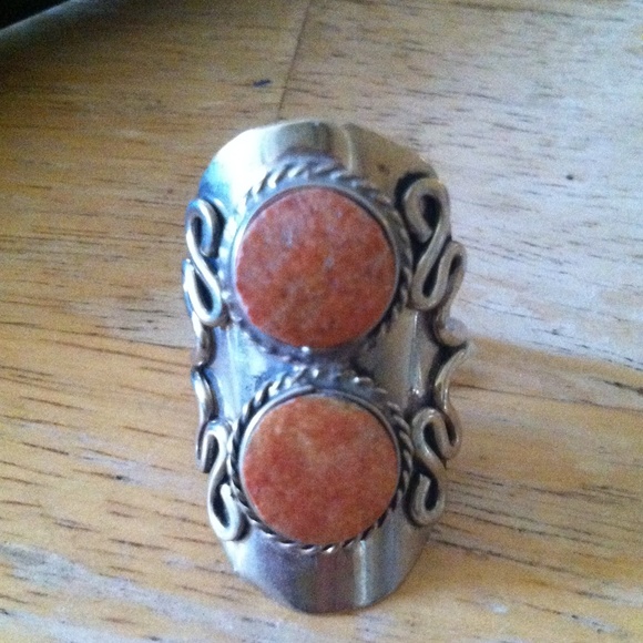 Antique sterling orange coral ring - Picture 1 of 4