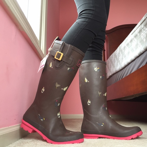 Joules Tall Rain Boots Brown w/ Chicken Print