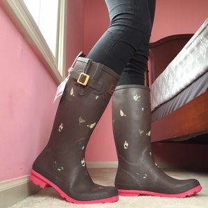 Joules Tall Rain Boots Brown w/ Chicken Print
